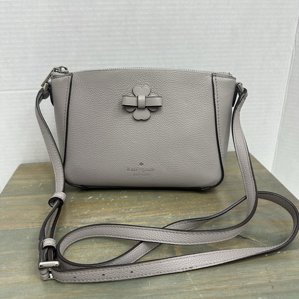 Kate Spade Clover Bow Small Pebble Leather Talia Zip Crossbody Bag Gray Purse